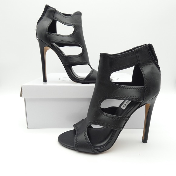 Steve Madden Shoes - Steve Madden Domm Black Leather Cut Out Cage Stiletto Heel Sandals DOMM01S1 6.5M